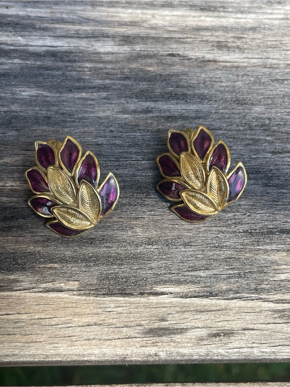 Trifari Gold-Tone Earrings with Purple Enamel Leaf Motif vintage